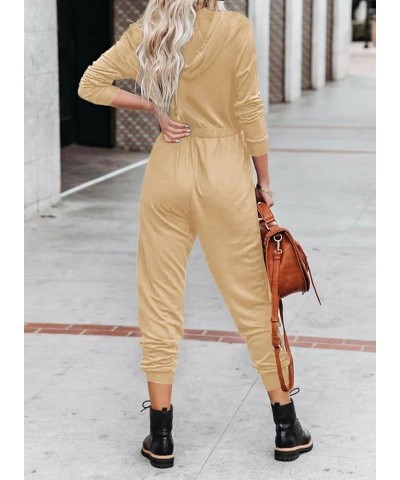 Women's Fall Casual Long Sleeve Hooded Jumpsuits Elastic Zip Up One Piece Outfits Romper with Pockets Khaki $20.29 Jumpsuits