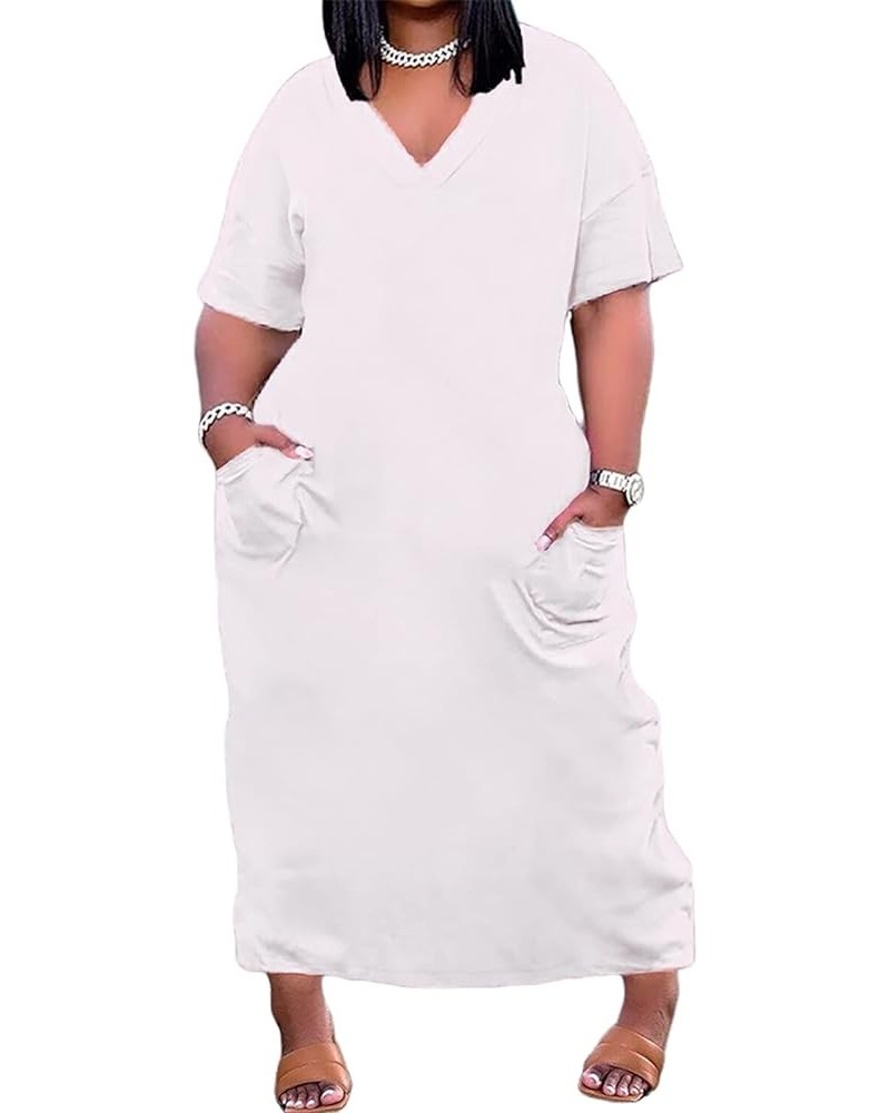 Women Casual T-Shirt Dress V Neck Short Sleeve with Front Two Pockets Solid Color Oversize Dress White $17.84 Dresses