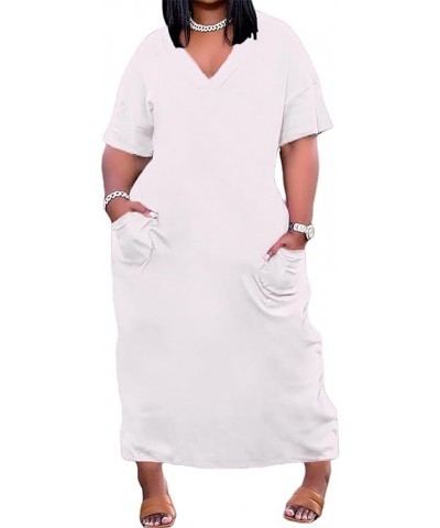 Women Casual T-Shirt Dress V Neck Short Sleeve with Front Two Pockets Solid Color Oversize Dress White $17.84 Dresses