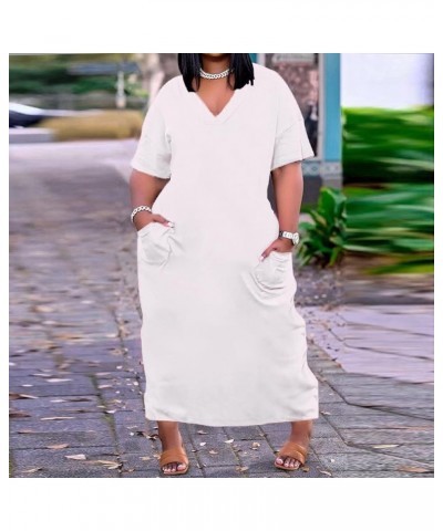 Women Casual T-Shirt Dress V Neck Short Sleeve with Front Two Pockets Solid Color Oversize Dress White $17.84 Dresses