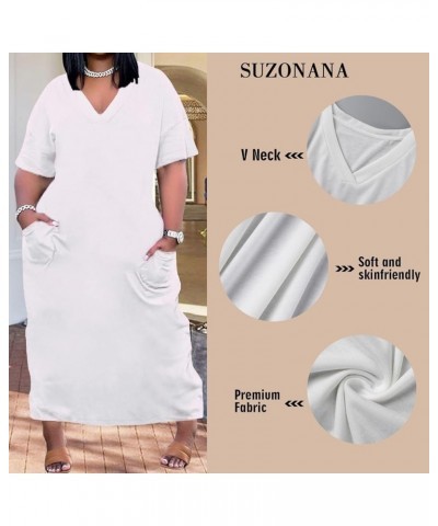 Women Casual T-Shirt Dress V Neck Short Sleeve with Front Two Pockets Solid Color Oversize Dress White $17.84 Dresses