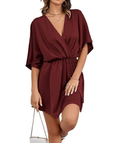 Women's Satin V Neck Twist Ruffle Flowy Swing Short Sleeve Elegant Mini Dress Solid Wine Red $25.79 Dresses