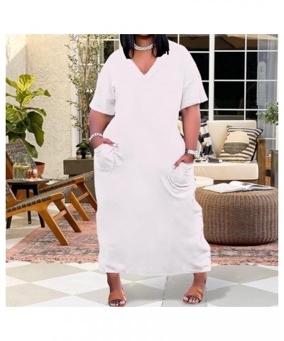 Women Casual T-Shirt Dress V Neck Short Sleeve with Front Two Pockets Solid Color Oversize Dress White $17.84 Dresses