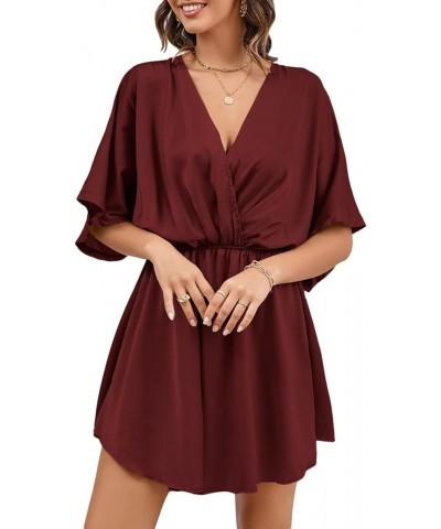 Women's Satin V Neck Twist Ruffle Flowy Swing Short Sleeve Elegant Mini Dress Solid Wine Red $25.79 Dresses