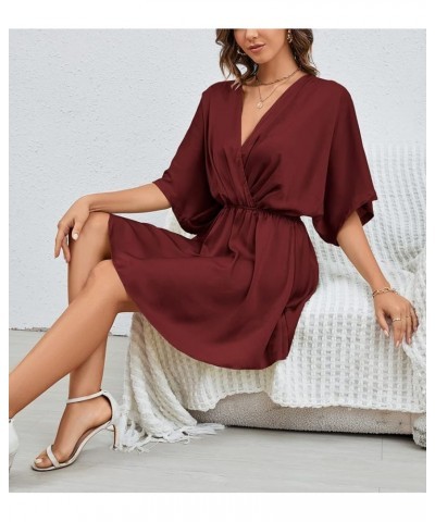 Women's Satin V Neck Twist Ruffle Flowy Swing Short Sleeve Elegant Mini Dress Solid Wine Red $25.79 Dresses