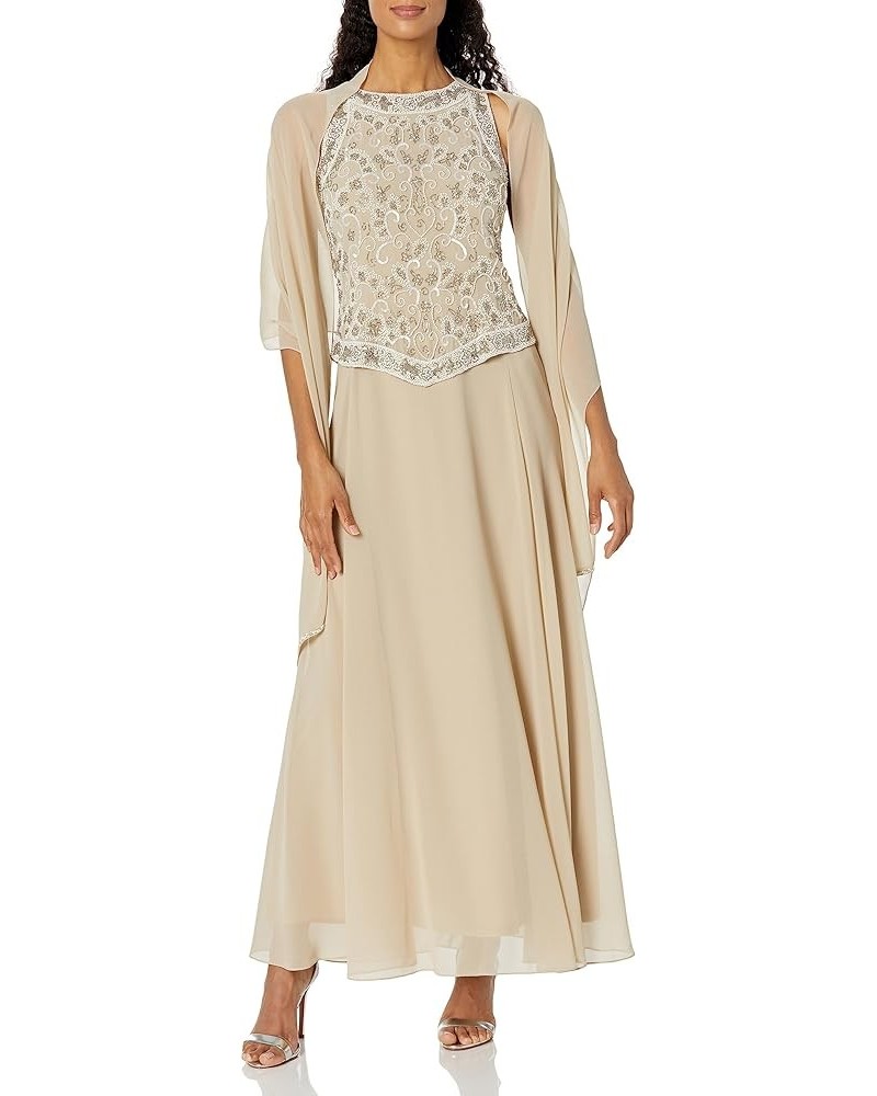 Women's Embellished Top Mock 2 Piece Dress with Scarf Champagne Multi $44.60 Accessories