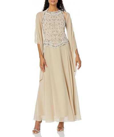 Women's Embellished Top Mock 2 Piece Dress with Scarf Champagne Multi $44.60 Accessories