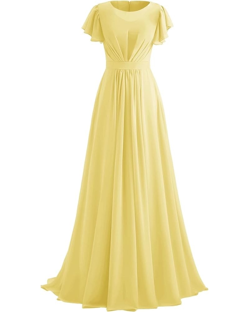 Ruffle Sleeves Bridesmaid Dresses Long Chiffon Prom Formal Evening Dresses for Women with Pockets Yellow $30.00 Dresses