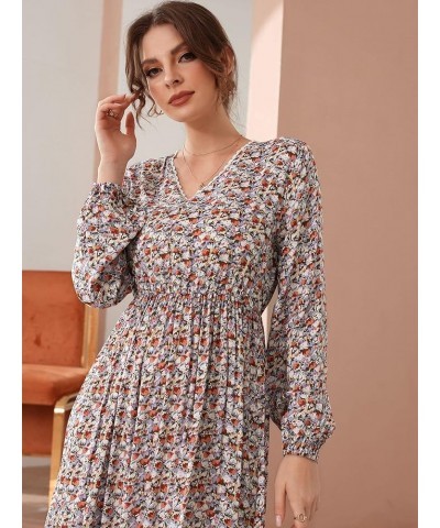 Women's Ditsy Floral Dress Guipure Lace Detail Ruffle Hem Bishop Long Sleeve Multicolored $20.39 Dresses