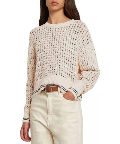 Women's Crew Neck Crochet Knit Sweater Long Sleeve Cropped Pullover Top Apricot $10.32 Sweaters