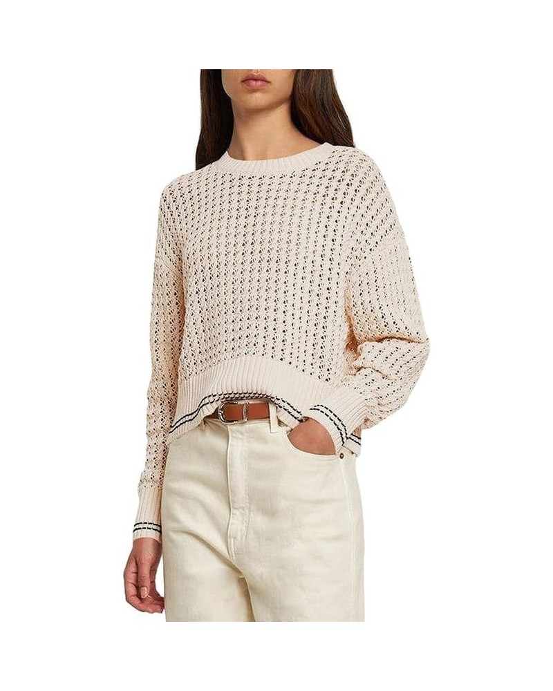 Women's Crew Neck Crochet Knit Sweater Long Sleeve Cropped Pullover Top Apricot $10.32 Sweaters