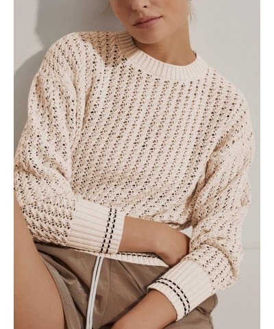 Women's Crew Neck Crochet Knit Sweater Long Sleeve Cropped Pullover Top Apricot $10.32 Sweaters