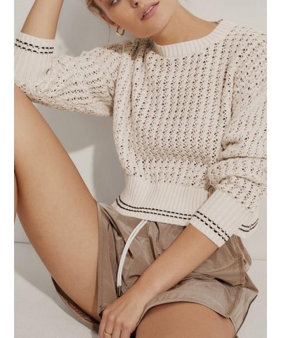 Women's Crew Neck Crochet Knit Sweater Long Sleeve Cropped Pullover Top Apricot $10.32 Sweaters