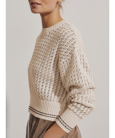 Women's Crew Neck Crochet Knit Sweater Long Sleeve Cropped Pullover Top Apricot $10.32 Sweaters