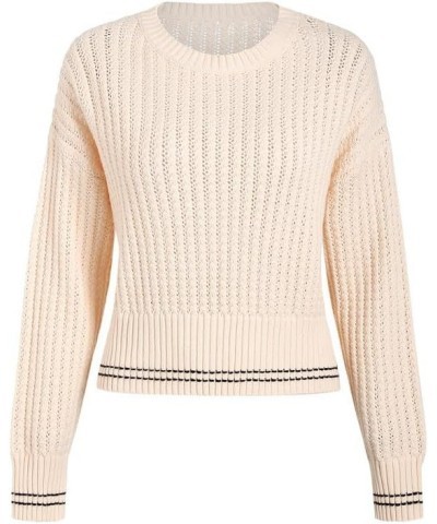 Women's Crew Neck Crochet Knit Sweater Long Sleeve Cropped Pullover Top Apricot $10.32 Sweaters