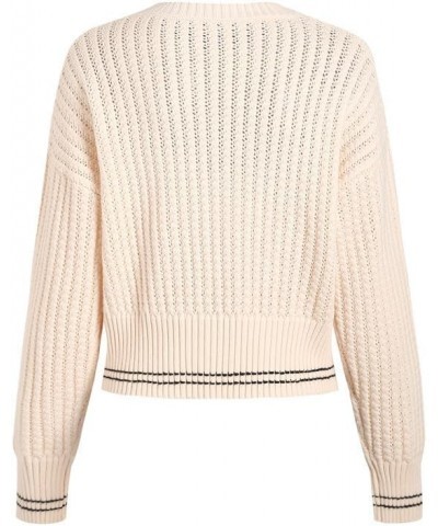 Women's Crew Neck Crochet Knit Sweater Long Sleeve Cropped Pullover Top Apricot $10.32 Sweaters