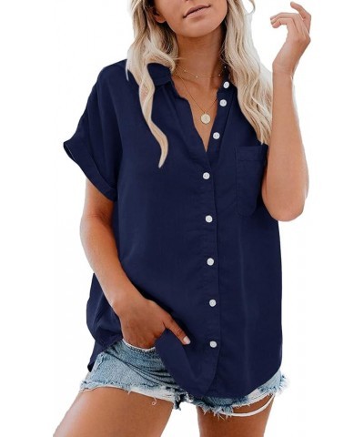 Womens Button Down Shirts Pocket Cap Sleeve Summer Blouse Military Utility Tops 2-navy $12.89 Blouses