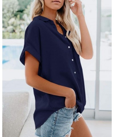 Womens Button Down Shirts Pocket Cap Sleeve Summer Blouse Military Utility Tops 2-navy $12.89 Blouses