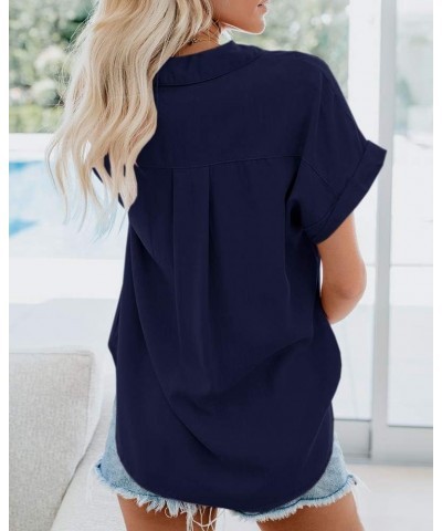 Womens Button Down Shirts Pocket Cap Sleeve Summer Blouse Military Utility Tops 2-navy $12.89 Blouses