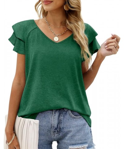 Womens Summer Tops Ruffle Short Sleeve V Neck T-Shirts Casual Loose Fit Green $11.99 T-Shirts