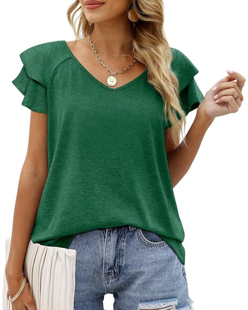 Womens Summer Tops Ruffle Short Sleeve V Neck T-Shirts Casual Loose Fit Green $11.99 T-Shirts