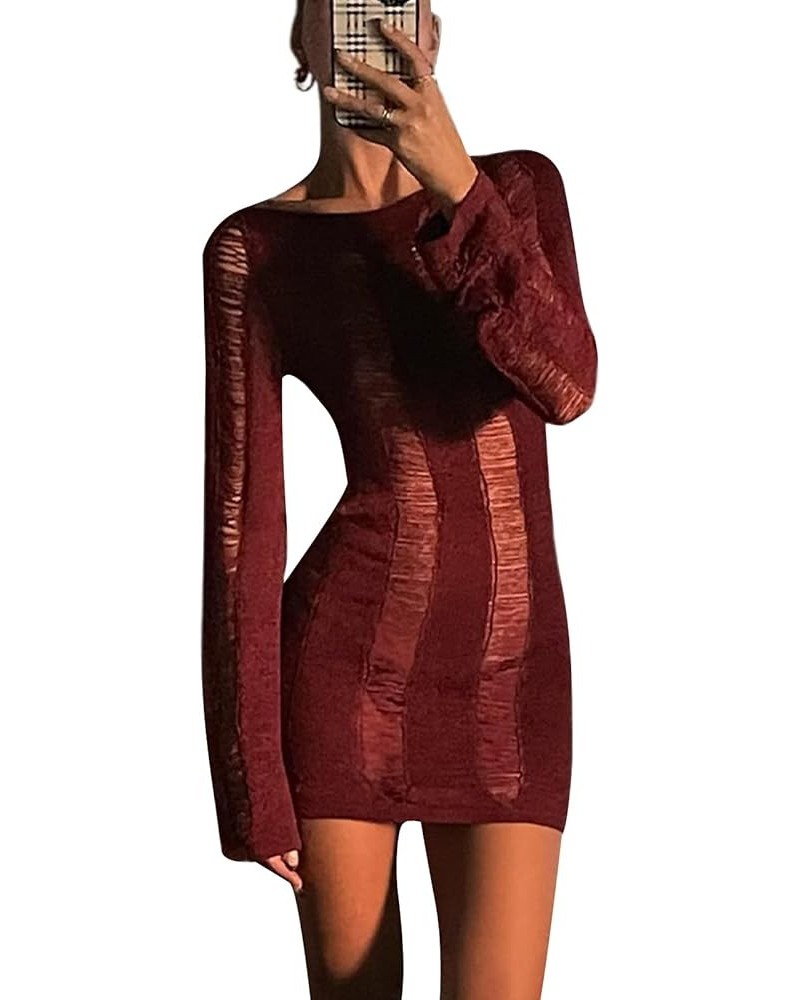 Women Long Sleeve Bodycon Cover Up Ripped Knit Short Dress Backless Beach Mini Dress Streetwear Wine Red $11.76 Swimsuits