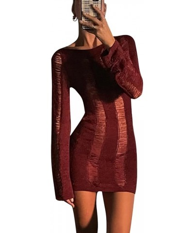 Women Long Sleeve Bodycon Cover Up Ripped Knit Short Dress Backless Beach Mini Dress Streetwear Wine Red $11.76 Swimsuits