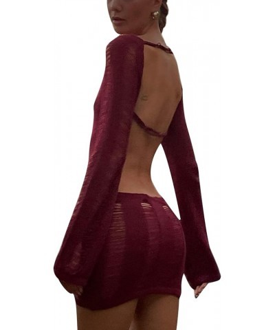 Women Long Sleeve Bodycon Cover Up Ripped Knit Short Dress Backless Beach Mini Dress Streetwear Wine Red $11.76 Swimsuits