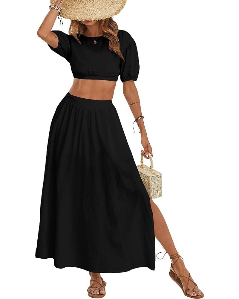 Women's Casual 2 Piece Outfits Puff Short Sleeve Crop Top Flared Slit Maxi Skirt Set Black $17.16 Suits