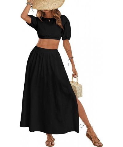 Women's Casual 2 Piece Outfits Puff Short Sleeve Crop Top Flared Slit Maxi Skirt Set Black $17.16 Suits