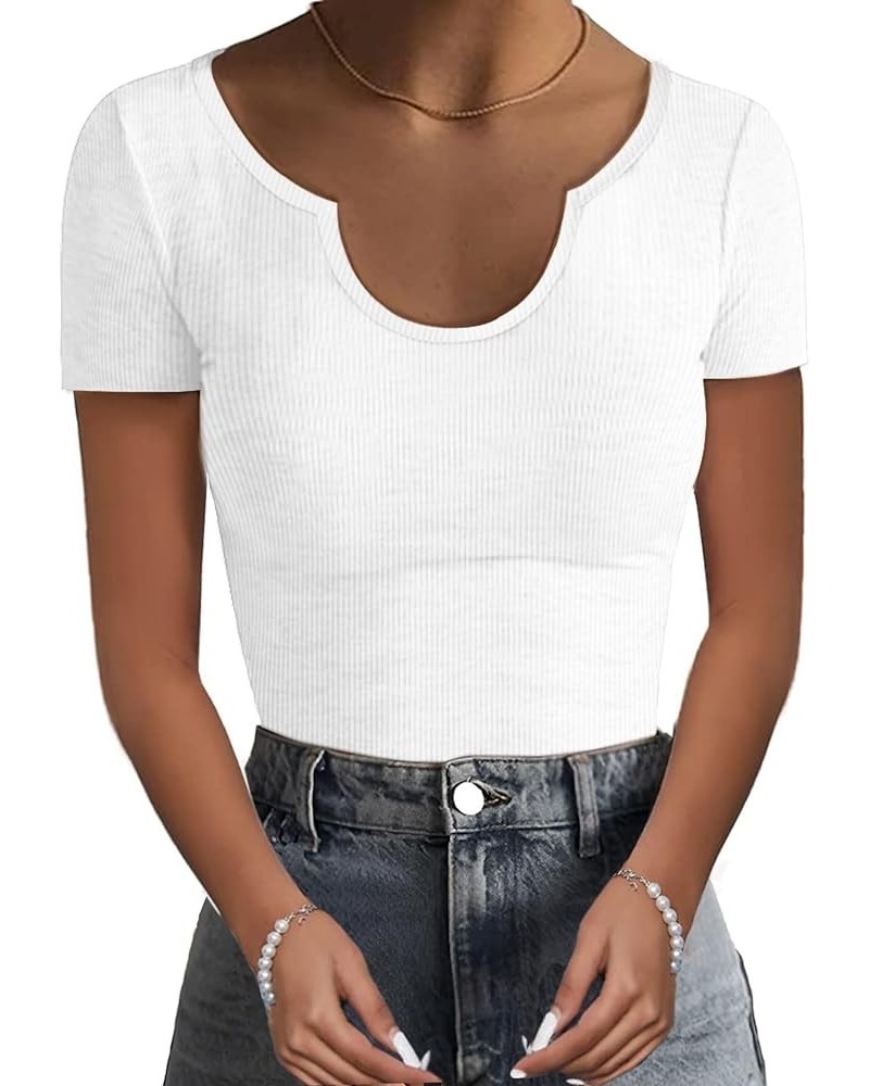 Women Ribbed Short Sleeve Shirts Scoop Neck Slim Fitted Basic Tees Tops Summer Trendy White $12.04 T-Shirts