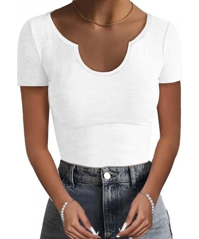 Women Ribbed Short Sleeve Shirts Scoop Neck Slim Fitted Basic Tees Tops Summer Trendy White $12.04 T-Shirts