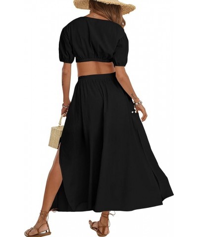 Women's Casual 2 Piece Outfits Puff Short Sleeve Crop Top Flared Slit Maxi Skirt Set Black $17.16 Suits