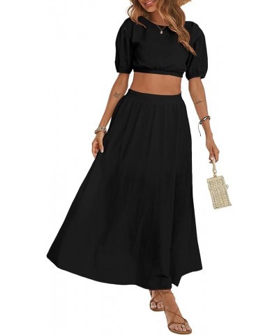 Women's Casual 2 Piece Outfits Puff Short Sleeve Crop Top Flared Slit Maxi Skirt Set Black $17.16 Suits