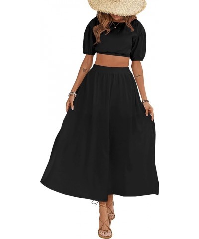 Women's Casual 2 Piece Outfits Puff Short Sleeve Crop Top Flared Slit Maxi Skirt Set Black $17.16 Suits