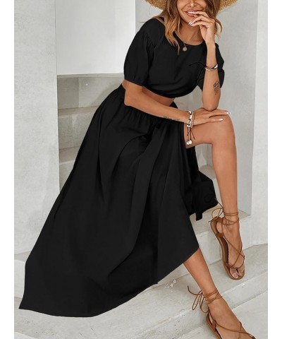 Women's Casual 2 Piece Outfits Puff Short Sleeve Crop Top Flared Slit Maxi Skirt Set Black $17.16 Suits