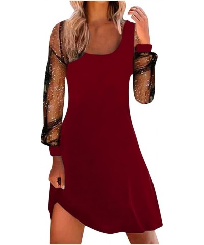 Party Dresses for Women,2024 Spring Elegant Mesh Patchwork Long Sleeve Dress,Trendy Square Neck Print Mini Dress A-wine $11.7...