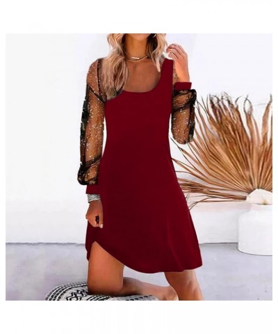 Party Dresses for Women,2024 Spring Elegant Mesh Patchwork Long Sleeve Dress,Trendy Square Neck Print Mini Dress A-wine $11.7...