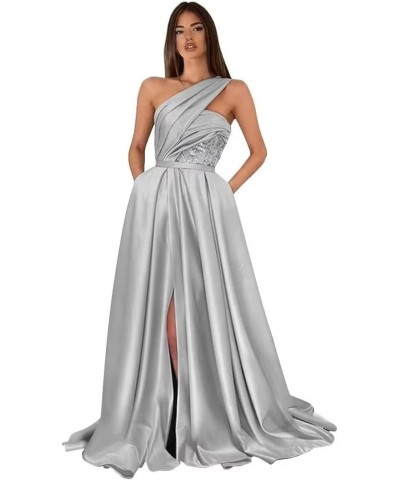 One Shoulder Prom Dresses Long Slit 2024 Satin A Line Ball Gown Lace Formal Evening Gowns with Pockets Silver $34.10 Dresses