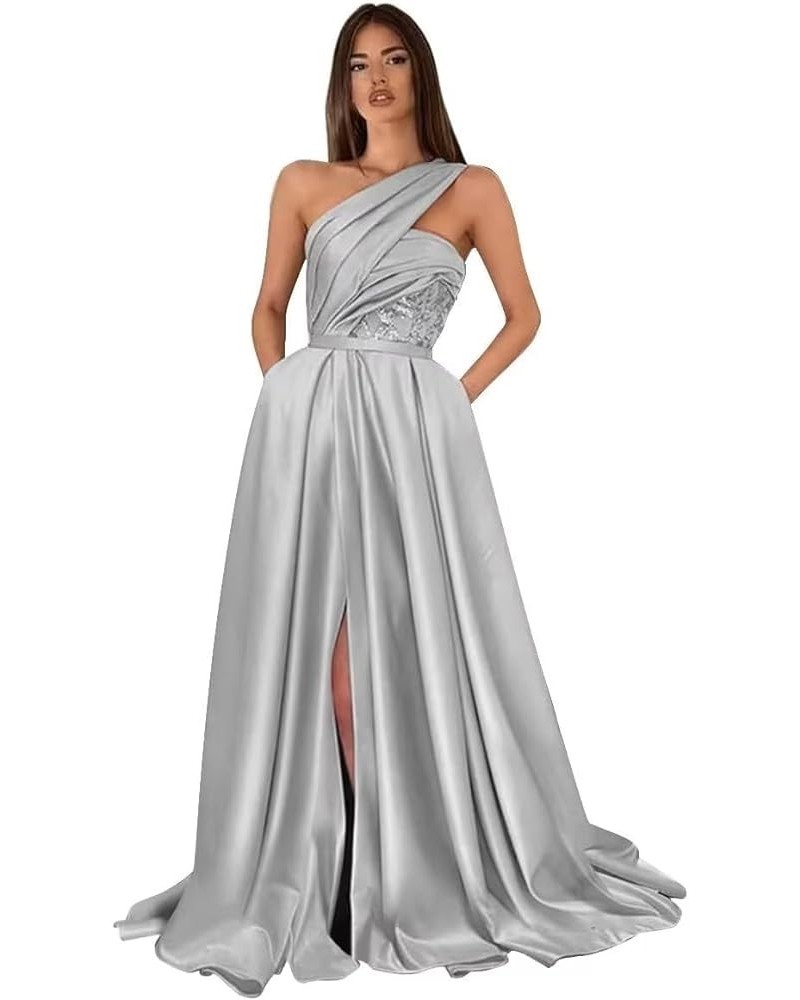 One Shoulder Prom Dresses Long Slit 2024 Satin A Line Ball Gown Lace Formal Evening Gowns with Pockets Silver $34.10 Dresses