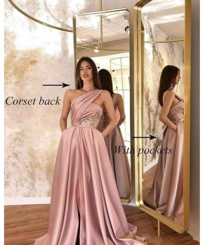 One Shoulder Prom Dresses Long Slit 2024 Satin A Line Ball Gown Lace Formal Evening Gowns with Pockets Silver $34.10 Dresses