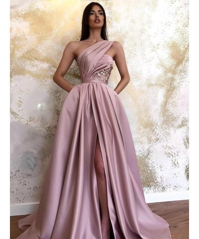 One Shoulder Prom Dresses Long Slit 2024 Satin A Line Ball Gown Lace Formal Evening Gowns with Pockets Silver $34.10 Dresses