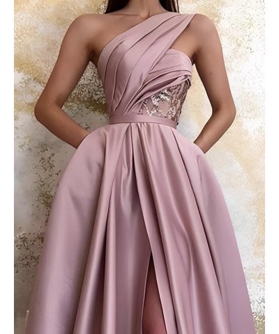 One Shoulder Prom Dresses Long Slit 2024 Satin A Line Ball Gown Lace Formal Evening Gowns with Pockets Silver $34.10 Dresses