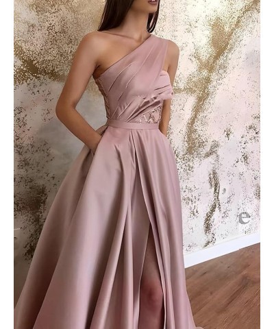 One Shoulder Prom Dresses Long Slit 2024 Satin A Line Ball Gown Lace Formal Evening Gowns with Pockets Silver $34.10 Dresses