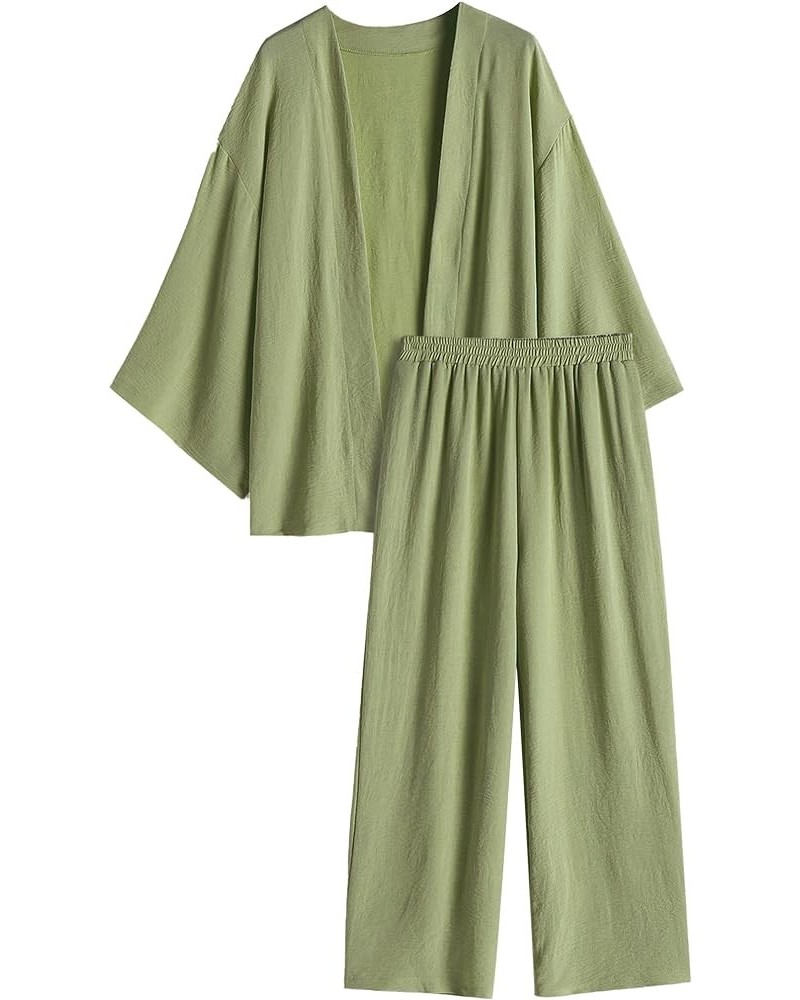 Womens 2 Pieces Outfit Loungewear Sets Linen Loose Cardigan Wide Leg High Waist Pants Casual Suits Classic Green $26.31 Activ...