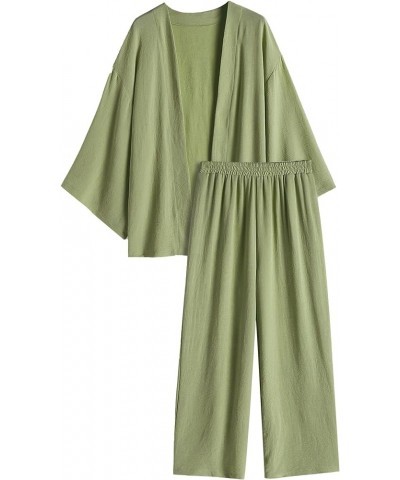 Womens 2 Pieces Outfit Loungewear Sets Linen Loose Cardigan Wide Leg High Waist Pants Casual Suits Classic Green $26.31 Activ...