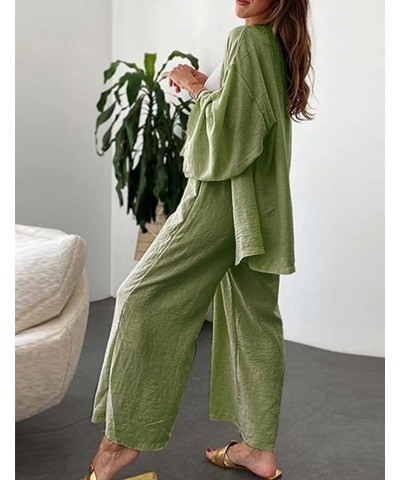 Womens 2 Pieces Outfit Loungewear Sets Linen Loose Cardigan Wide Leg High Waist Pants Casual Suits Classic Green $26.31 Activ...