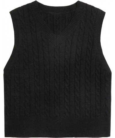 Women's Vintage Loose V Neck Sleeveless Cable Knit Preppy Style Pullover Sweater Vest Black $19.79 Sweaters