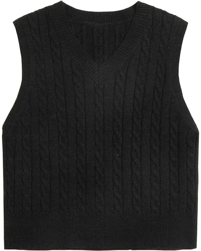 Women's Vintage Loose V Neck Sleeveless Cable Knit Preppy Style Pullover Sweater Vest Black $19.79 Sweaters