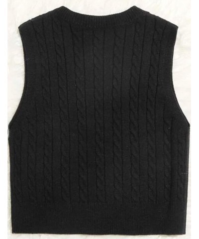 Women's Vintage Loose V Neck Sleeveless Cable Knit Preppy Style Pullover Sweater Vest Black $19.79 Sweaters